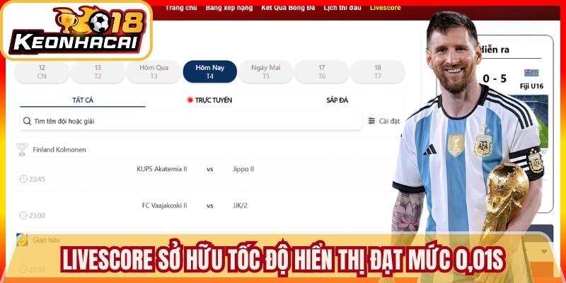 Livescore sở hữu tốc độ hiển thị đạt mức 0,01S